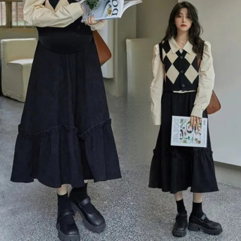 Japoniško stiliaus sijonas nėščiosioms, juodas su raukiniais aukštu juosmeniu, raištiniai, A formos sijonai nėščioms moterims, skėčiai