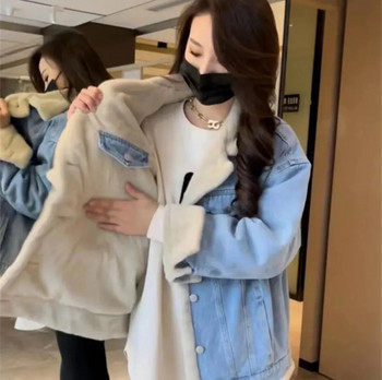 Дънкови якета за бременни в корейски стил Зимни дебели топли поларени палта от агнешки пух Палта за бременни жени Горни дрехи за бременни Дрехи за бременни