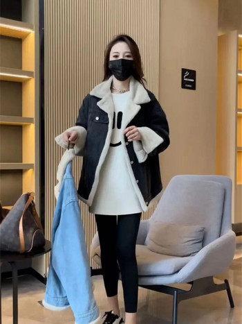 Дънкови якета за бременни в корейски стил Зимни дебели топли поларени палта от агнешки пух Палта за бременни жени Горни дрехи за бременни Дрехи за бременни