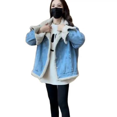 Korėjietiško stiliaus Džinsinės striukės nėščiosioms Žieminės storos šiltos ėriuko pūkų vilnos nėščioms moterims paltai Nėštumo viršutiniai drabužiai Nėštumo drabužiai