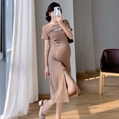 Rochie de maternitate din bumbac de vară 2023, haine subțiri pentru femei însărcinate, scobit cu gâtul în față, rochii sexy pentru sarcină