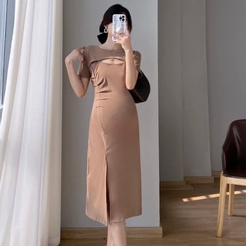 Нова лятна памучна рокля за бременни през 2023 г. Тънки дрехи за бременни жени с издълбано О-образно деколте отпред Разделени секси рокли за бременност