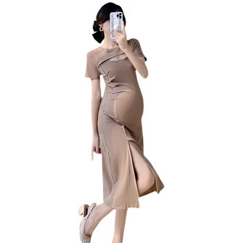 Нова лятна памучна рокля за бременни през 2023 г. Тънки дрехи за бременни жени с издълбано О-образно деколте отпред Разделени секси рокли за бременност