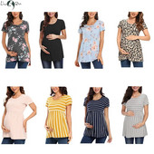 Liu&Qu Topuri de vară de maternitate Cămăși cu tunică pentru gravide Tricou cu mâneci scurte cu fânețe laterale Tricou pentru sarcină cu gât rotund
