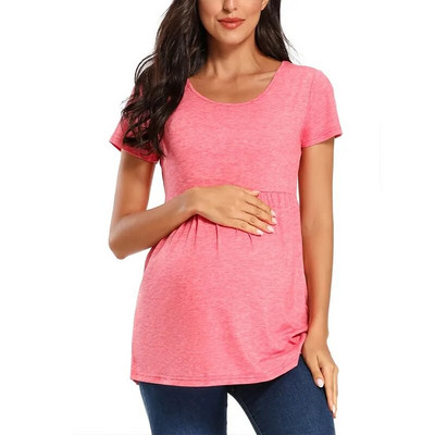 Liu&Qu Topuri de vară de maternitate Cămăși cu tunică pentru gravide Tricou cu mâneci scurte cu fânețe laterale Tricou pentru sarcină cu gât rotund
