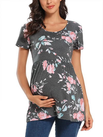 Liu&Qu Topuri de vară de maternitate Cămăși cu tunică pentru gravide Tricou cu mâneci scurte cu fânețe laterale Tricou pentru sarcină cu gât rotund