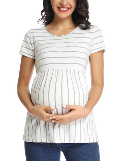 Liu&Qu Topuri de vară de maternitate Cămăși cu tunică pentru gravide Tricou cu mâneci scurte cu fânețe laterale Tricou pentru sarcină cu gât rotund