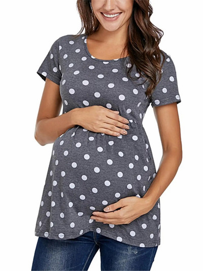 Liu&Qu Topuri de vară de maternitate Cămăși cu tunică pentru gravide Tricou cu mâneci scurte cu fânețe laterale Tricou pentru sarcină cu gât rotund