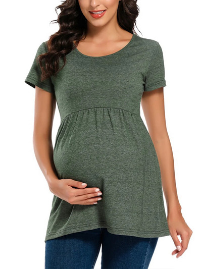 Liu&Qu Topuri de vară de maternitate Cămăși cu tunică pentru gravide Tricou cu mâneci scurte cu fânețe laterale Tricou pentru sarcină cu gât rotund