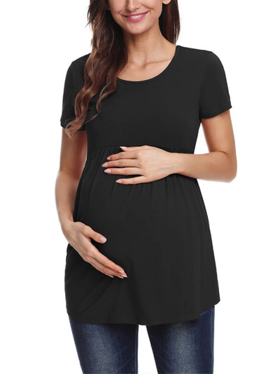 Liu&Qu Topuri de vară de maternitate Cămăși cu tunică pentru gravide Tricou cu mâneci scurte cu fânețe laterale Tricou pentru sarcină cu gât rotund