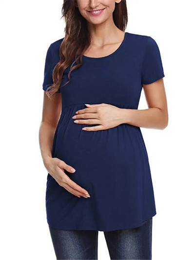 Liu&Qu Topuri de vară de maternitate Cămăși cu tunică pentru gravide Tricou cu mâneci scurte cu fânețe laterale Tricou pentru sarcină cu gât rotund