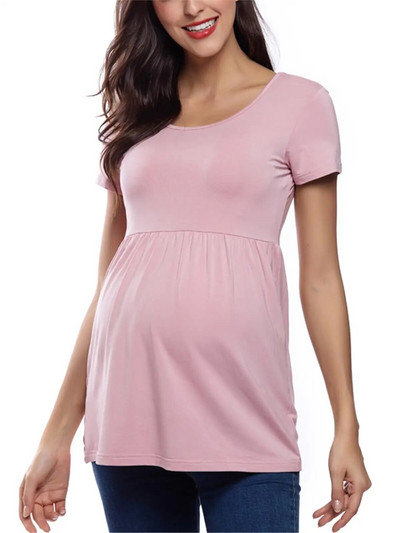 Liu&Qu Topuri de vară de maternitate Cămăși cu tunică pentru gravide Tricou cu mâneci scurte cu fânețe laterale Tricou pentru sarcină cu gât rotund