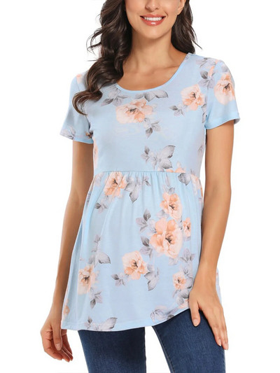 Liu&Qu Topuri de vară de maternitate Cămăși cu tunică pentru gravide Tricou cu mâneci scurte cu fânețe laterale Tricou pentru sarcină cu gât rotund