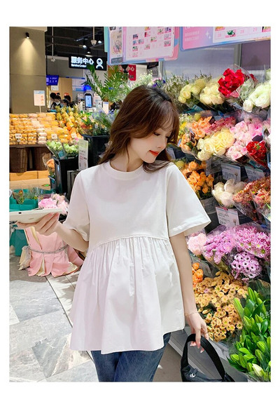 Καλοκαίρι 2023 Νέα μόδα Φαρδιά πουκάμισα για έγκυες γυναίκες με κοντό μανίκι βαμβακερό μπλούζες εγκυμοσύνης με λαιμόκοψη σε Ο