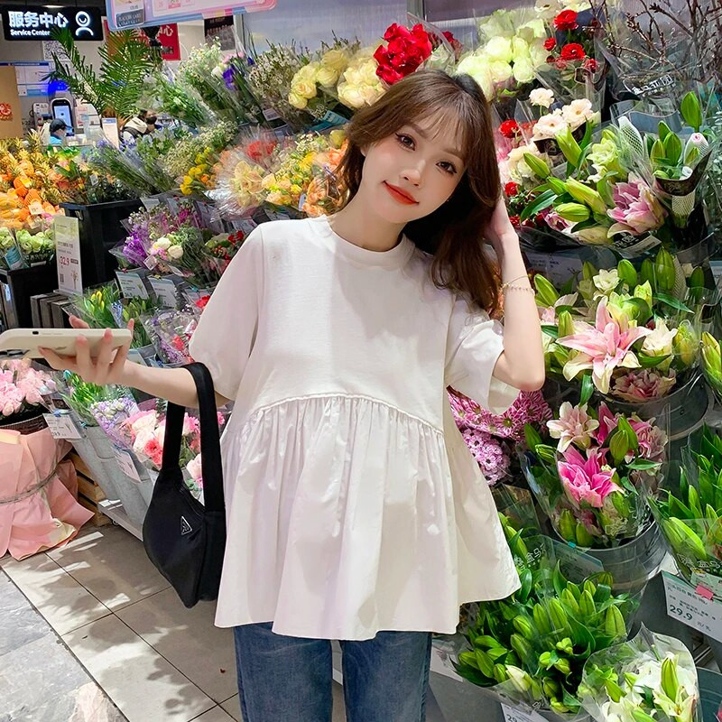 Καλοκαίρι 2023 Νέα μόδα Φαρδιά πουκάμισα για έγκυες γυναίκες με κοντό μανίκι βαμβακερό μπλούζες εγκυμοσύνης με λαιμόκοψη σε Ο