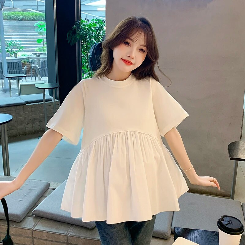 Καλοκαίρι 2023 Νέα μόδα Φαρδιά πουκάμισα για έγκυες γυναίκες με κοντό μανίκι βαμβακερό μπλούζες εγκυμοσύνης με λαιμόκοψη σε Ο