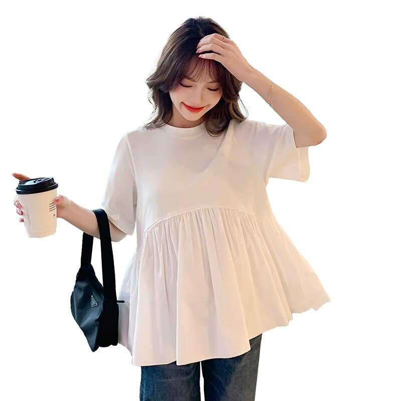 Καλοκαίρι 2023 Νέα μόδα Φαρδιά πουκάμισα για έγκυες γυναίκες με κοντό μανίκι βαμβακερό μπλούζες εγκυμοσύνης με λαιμόκοψη σε Ο