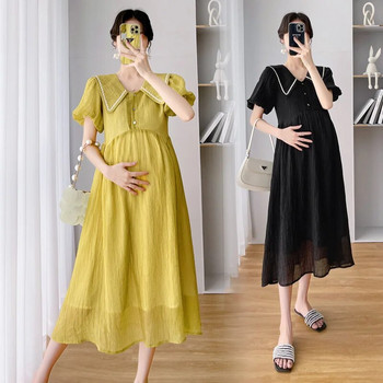Модна широка рокля за бременни в корейски стил Едноцветна шифонена рокля за бременни с буф ръкав Плюс размер Имперска рокля за бременност