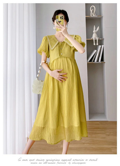 Koreai stílusú, divatos, bő terhes női ruha, egyszínű, puffos ujjú kismama sifon ruha, nagy méretű terhességi birodalmi ruha