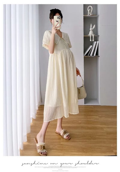 Koreai stílusú, divatos, bő terhes női ruha, egyszínű, puffos ujjú kismama sifon ruha, nagy méretű terhességi birodalmi ruha