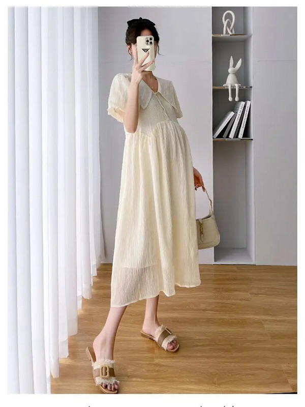 Koreai stílusú, divatos, bő terhes női ruha, egyszínű, puffos ujjú kismama sifon ruha, nagy méretű terhességi birodalmi ruha