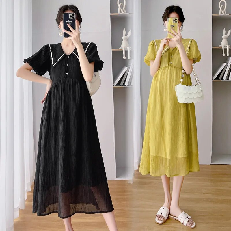 Koreai stílusú, divatos, bő terhes női ruha, egyszínű, puffos ujjú kismama sifon ruha, nagy méretű terhességi birodalmi ruha