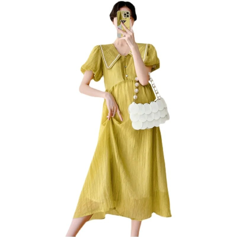 Koreai stílusú, divatos, bő terhes női ruha, egyszínű, puffos ujjú kismama sifon ruha, nagy méretű terhességi birodalmi ruha