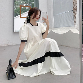 Κορεάτικο στυλ φόρεμα εγκυμοσύνης Vintage Κοντομάνικο τετράγωνο γιακά μπλοκ Χρώμα συνονθύλευμα Έγκυος γυναίκα Βαμβακερό λινό φόρεμα Φαρδύ