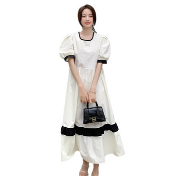 Винтидж рокля за бременни в корейски стил, къс ръкав, квадратна яка, цветен пачуърк, широка памучна ленена рокля