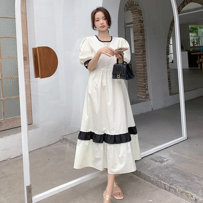 Винтидж рокля за бременни в корейски стил, къс ръкав, квадратна яка, цветен пачуърк, широка памучна ленена рокля