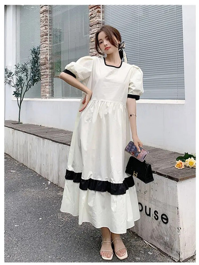 Rochie de epocă de maternitate în stil coreean, cu mâneci scurte, guler pătrat, culoarea blocului, mozaic, femeie însărcinată, rochie din bumbac, lejeră