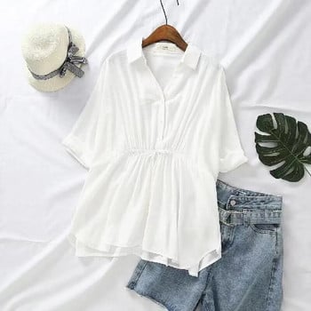 Μπλούζες εγκυμοσύνης Καλοκαιρινό μπλουζάκι για έγκυες Λευκά πουκάμισα Βαμβακερά λινά Ρούχα Gravida Plus Size Φόρεμα κοντά μανίκια