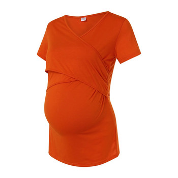 Лятна мода за бременни с V-образно деколте Ежедневна тениска за кърмене с къс ръкав за жени след раждане Памучна тениска за кърмене