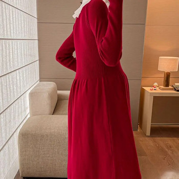 Корейски тънки плътни плетени рокли за бременни Нови дрехи за бременни Модни сладки пуловерни рокли с ревери Дълги рокли за бременност