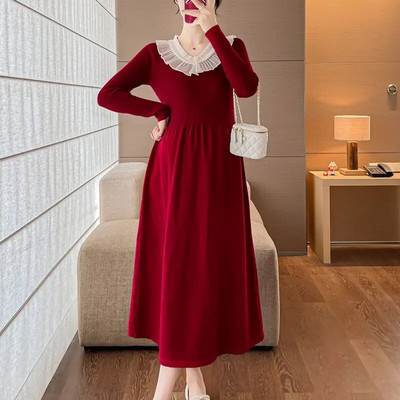 Rochii de maternitate coreeană subțire și solidă, haine noi pentru femei însărcinate, rochie de pulover cu rever dulce, rochii lungi de sarcină