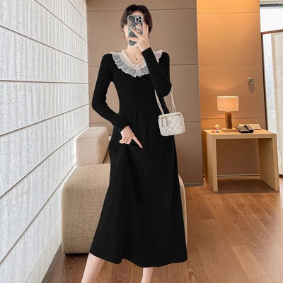 Rochii de maternitate coreeană subțire și solidă, haine noi pentru femei însărcinate, rochie de pulover cu rever dulce, rochii lungi de sarcină