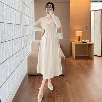 Rochii de maternitate coreeană subțire și solidă, haine noi pentru femei însărcinate, rochie de pulover cu rever dulce, rochii lungi de sarcină