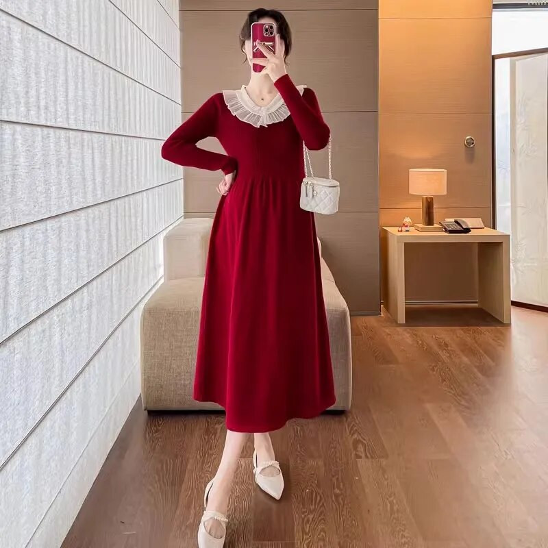 Rochii de maternitate coreeană subțire și solidă, haine noi pentru femei însărcinate, rochie de pulover cu rever dulce, rochii lungi de sarcină