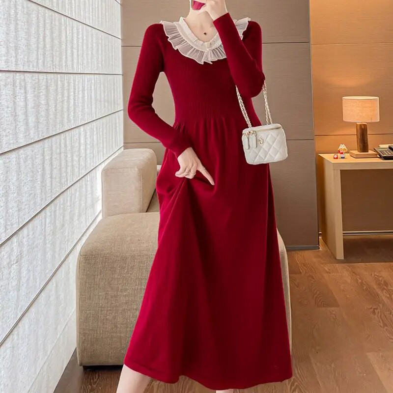 Rochii de maternitate coreeană subțire și solidă, haine noi pentru femei însărcinate, rochie de pulover cu rever dulce, rochii lungi de sarcină