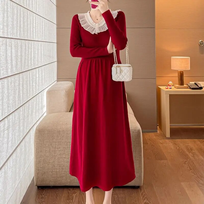 Rochii de maternitate coreeană subțire și solidă, haine noi pentru femei însărcinate, rochie de pulover cu rever dulce, rochii lungi de sarcină