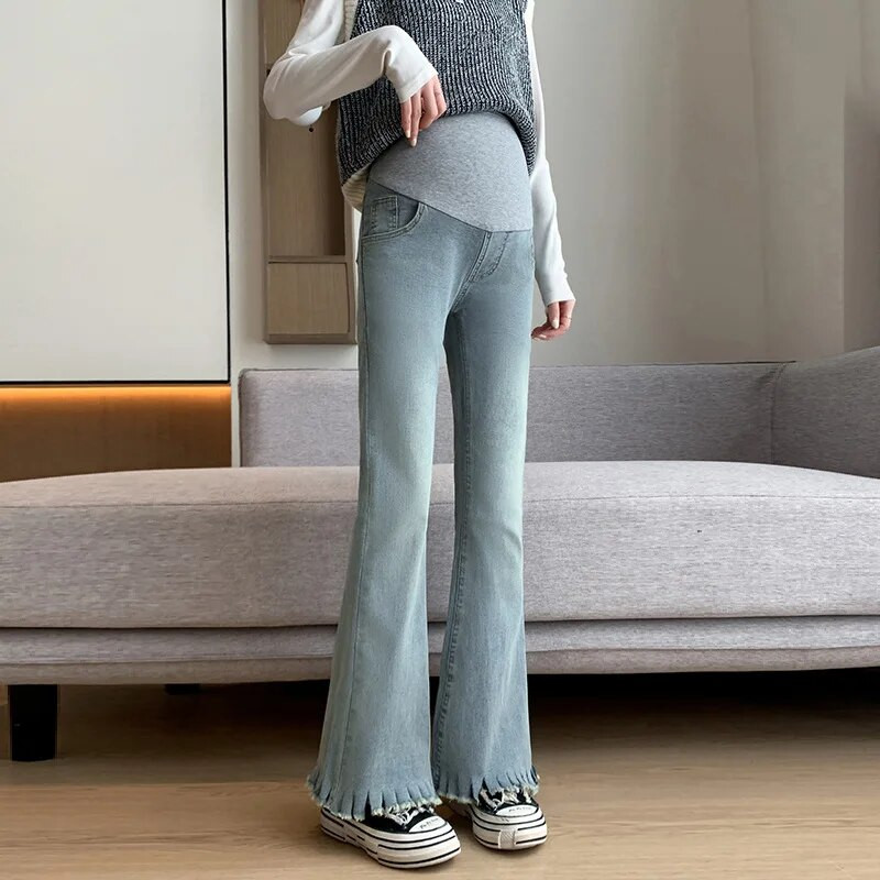 Nėščioms laisvos kelnės Pavasario rudens drabužiai nėščioms moterims aukštu juosmeniu Dėvėkite tiesius džinsus Retro nėštumo kelnės