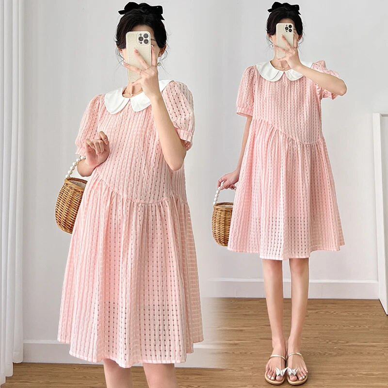Édes Peter Pan gallér Puff ujjú, magas derekú kismama Dobby ruha divat terhes nő elegáns ruhák hercegnő buli ruha