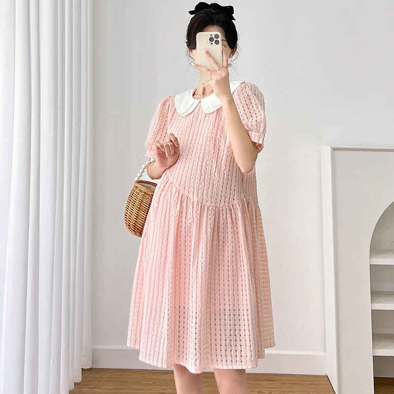 Édes Peter Pan gallér Puff ujjú, magas derekú kismama Dobby ruha divat terhes nő elegáns ruhák hercegnő buli ruha