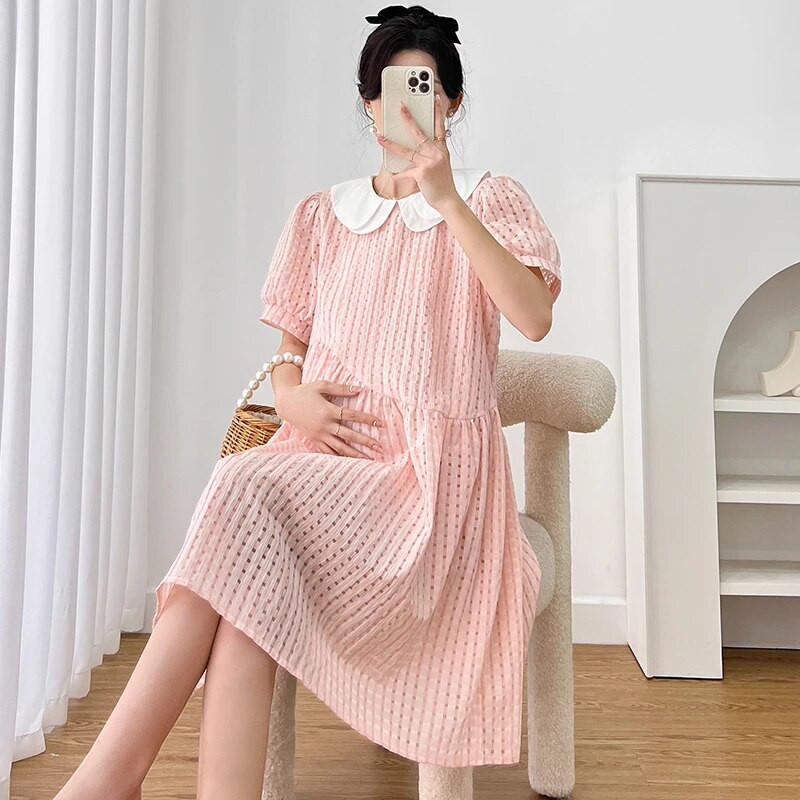 Édes Peter Pan gallér Puff ujjú, magas derekú kismama Dobby ruha divat terhes nő elegáns ruhák hercegnő buli ruha