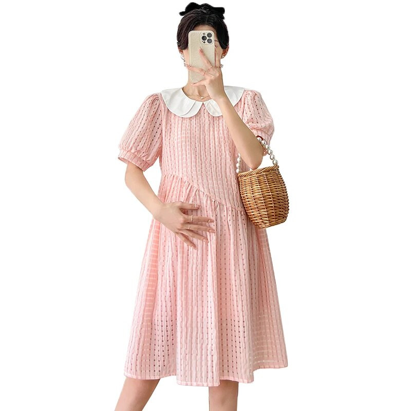 Édes Peter Pan gallér Puff ujjú, magas derekú kismama Dobby ruha divat terhes nő elegáns ruhák hercegnő buli ruha