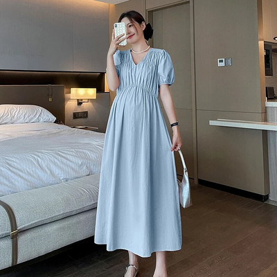 Rochie cu mânecă Hubble-bubble în stil francez pentru femei însărcinate, culoare uni, guler pătrat, bust întins, rochie imperiară de maternitate, elegantă