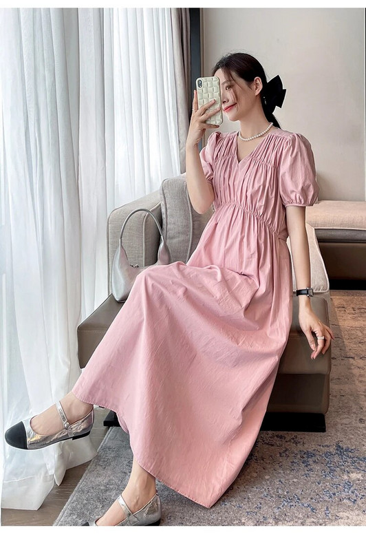 Rochie cu mânecă Hubble-bubble în stil francez pentru femei însărcinate, culoare uni, guler pătrat, bust întins, rochie imperiară de maternitate, elegantă