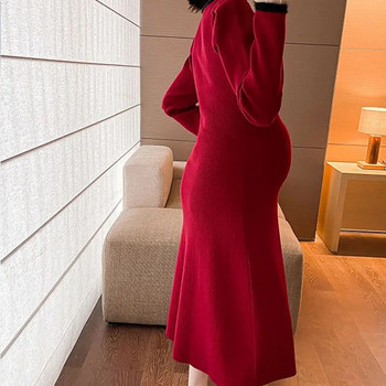 Плетена червена рокля за бременни Есен Зима Нови дрехи за бременни Модни рокли с U-образно деколте Плътни тънки пуловери за бременни