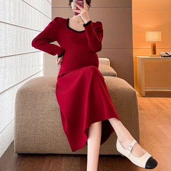 Πλεκτό κόκκινο φόρεμα εγκυμοσύνης Φθινοπωρινό χειμωνιάτικο Νέα Ρούχα για Έγκυες Μόδα Φορέματα με μονόλεπτο πουλόβερ εγκυμοσύνης με λαιμόκοψη U