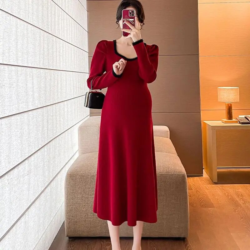 Kismama kötött piros ruha őszi tél új ruhák terhes nőknek divatos U-nyakú tömör karcsú terhességi pulóver ruhák